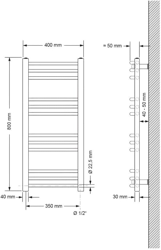 ECD Germany Badheizkörper Elektrisch ECO 400 x 800 mm mit Heizstab 300W Chrom gebogen mit Seitenansc