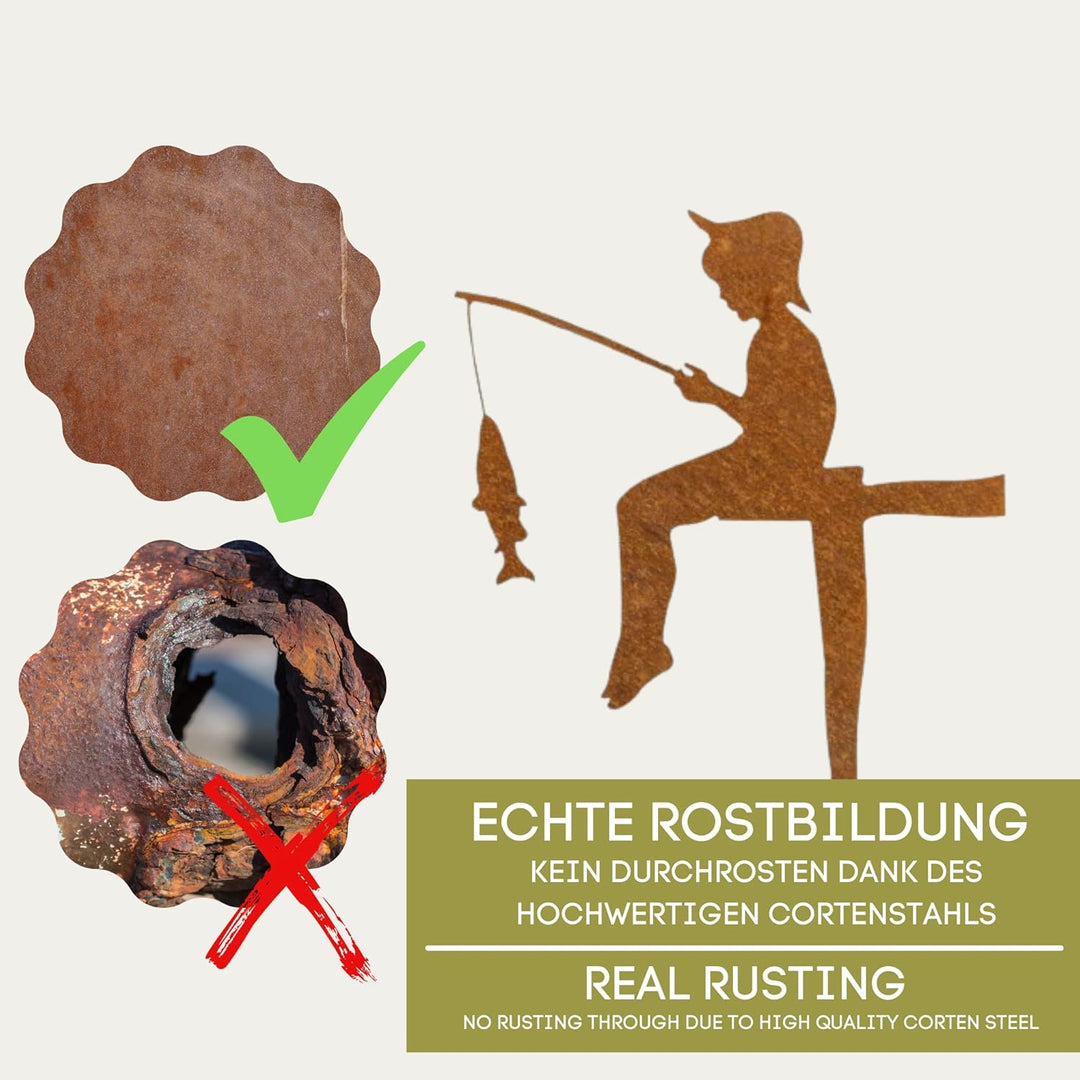 Edelrost Angler Gartenstecker-einfach einsteckbare Rostdeko aus hochwertigem Cortenstahl für Garten,