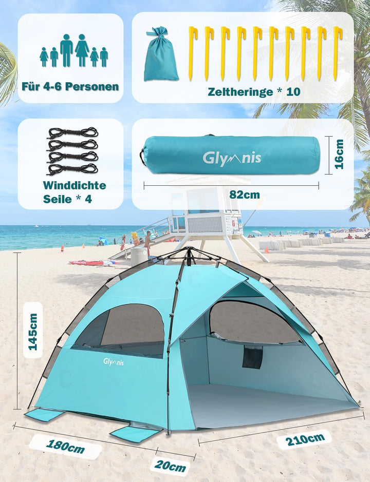Glymnis Strandmuschel Quick Up Strandzelt Automatisches Strand Zelt UV-Schutz 50+ Windschutz kleines