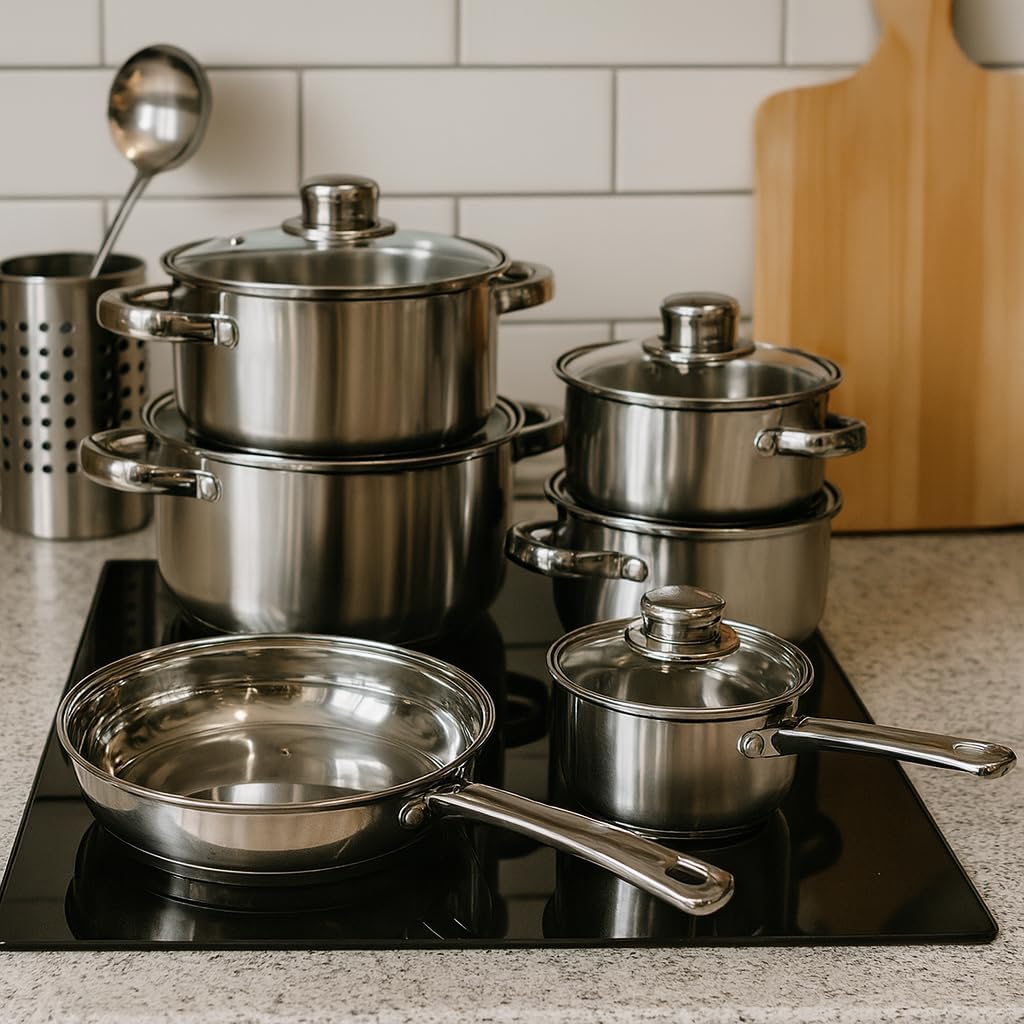 Edelstahl Topfset 12-teilig mit Glasdeckeln, induktionsgeeignet – stapelbares Kochtopf-Set mit Kapse