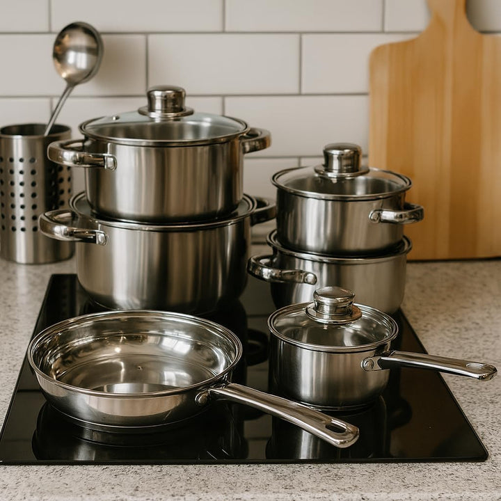 Edelstahl Topfset 12-teilig mit Glasdeckeln, induktionsgeeignet – stapelbares Kochtopf-Set mit Kapse