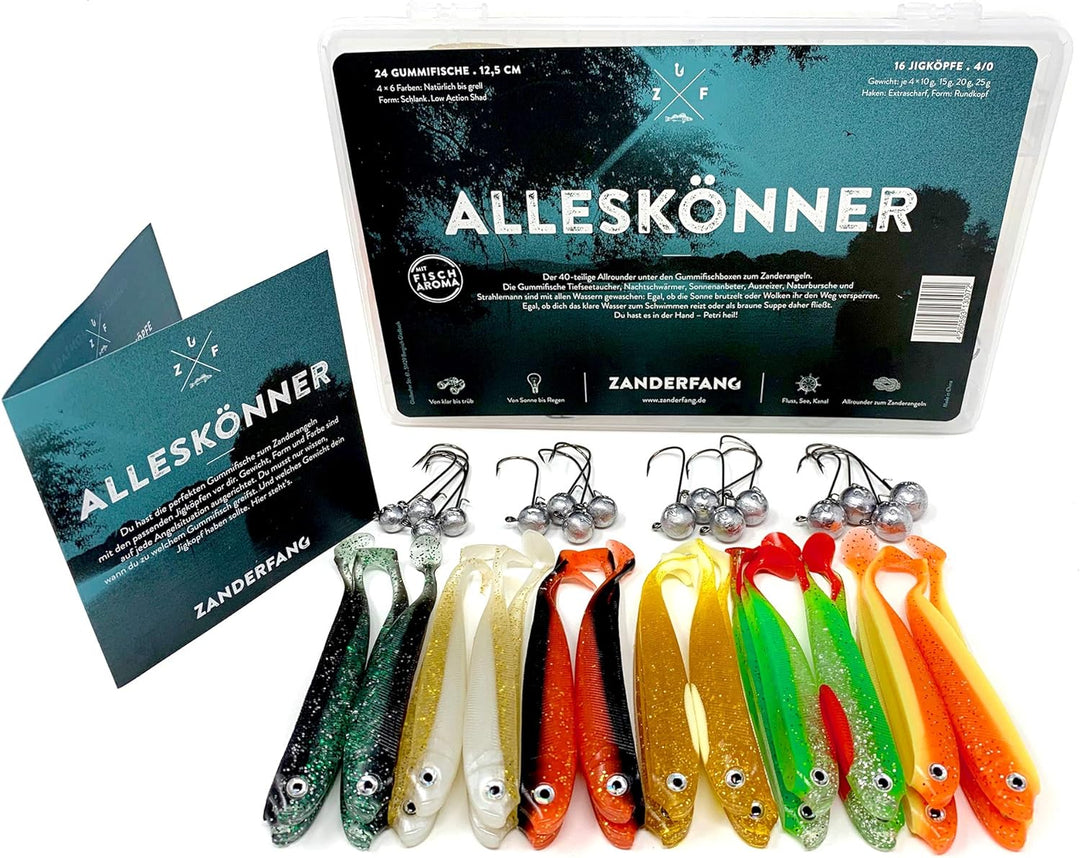 Zanderfang 40 Teile Box Gummifische mit Jigköpfen zum Zanderangeln mit Gummifisch - 24 Gummifische: