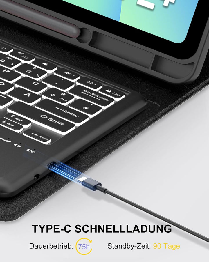 Für Galaxy Tab S10 FE Plus Hülle mit Beleuchteter Tastatur & Trackpad – 7-Farben RGB, Deutsches QWER