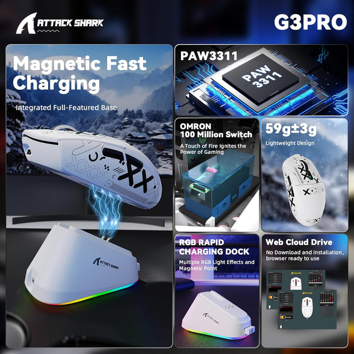 MAMBASNAKE x Attack Shark G3PRO Gaming-Maus mit Magnetischer Ladestation, BT/2.4G Wireless/Kabel, Pi