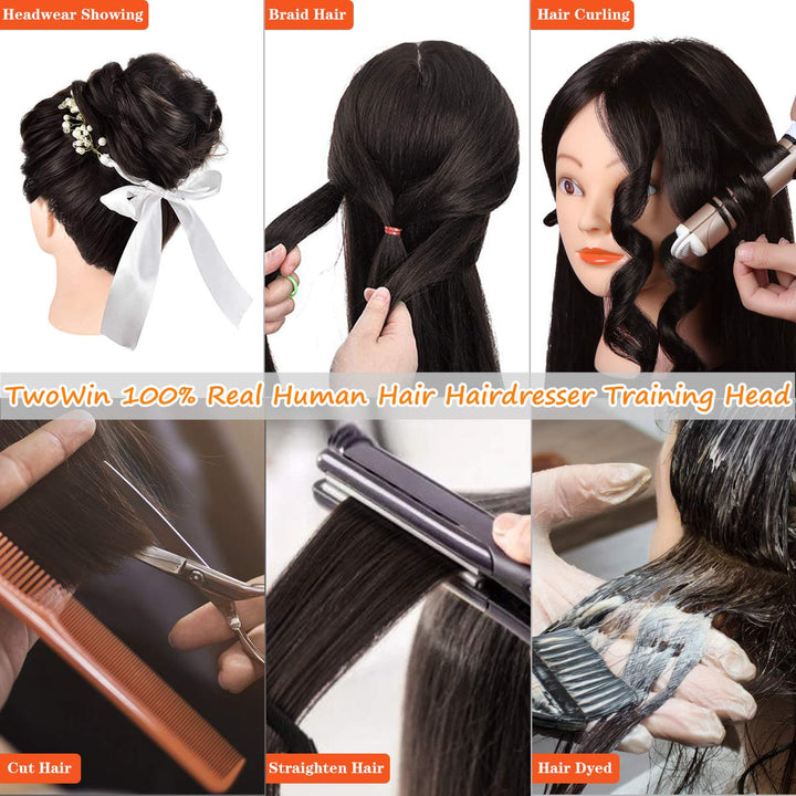 TwoWin 18" 45cm Trainingsköpfe 100% Echthaar Schwarz Kosmetologie Puppe Friseur Training Modell Mann