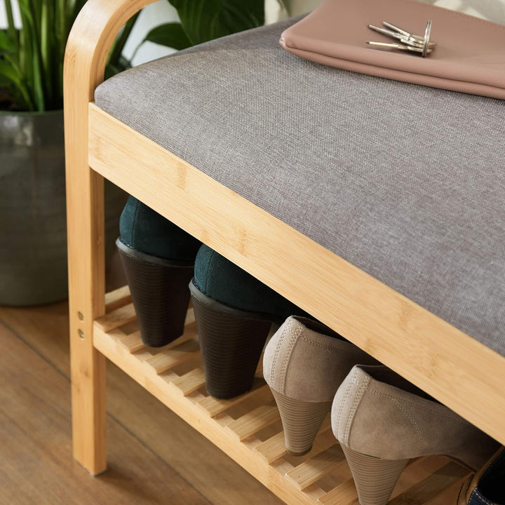 Lumaland Schuhregal aus Bambus mit Sitzbank + 1 Ebene - 90x50x30 cm Grau 2 Etagen (90 x 50 x 30 cm),