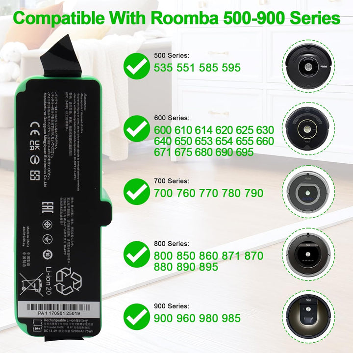 MXJFYY Li-Ionen-Ersatzakku, 14,4 V, 5200 mAh, kompatibel mit iRobot Roomba 980 960 985 801 850 860 8