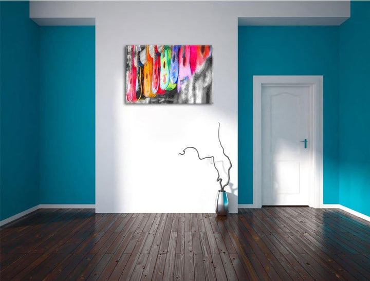 klassische Gitarren auf dem Markt schwarz/weiss Deluxe Format: 100x70 cm auf Leinwand, XXL riesige B
