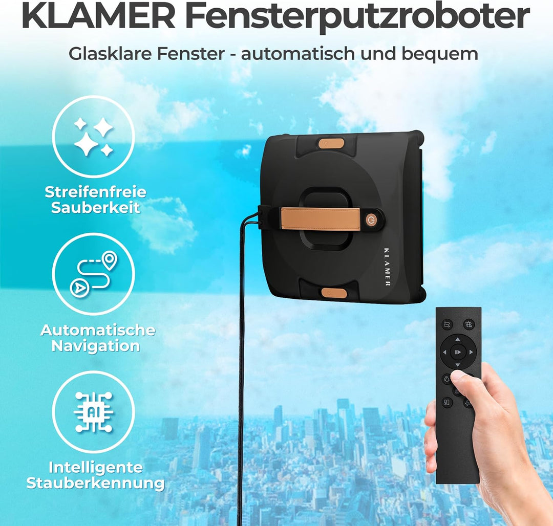 KLAMER Fensterputzroboter 3500 Pa – automatischer Fensterreiniger mit 100 ml Doppelwassertank, Nassr