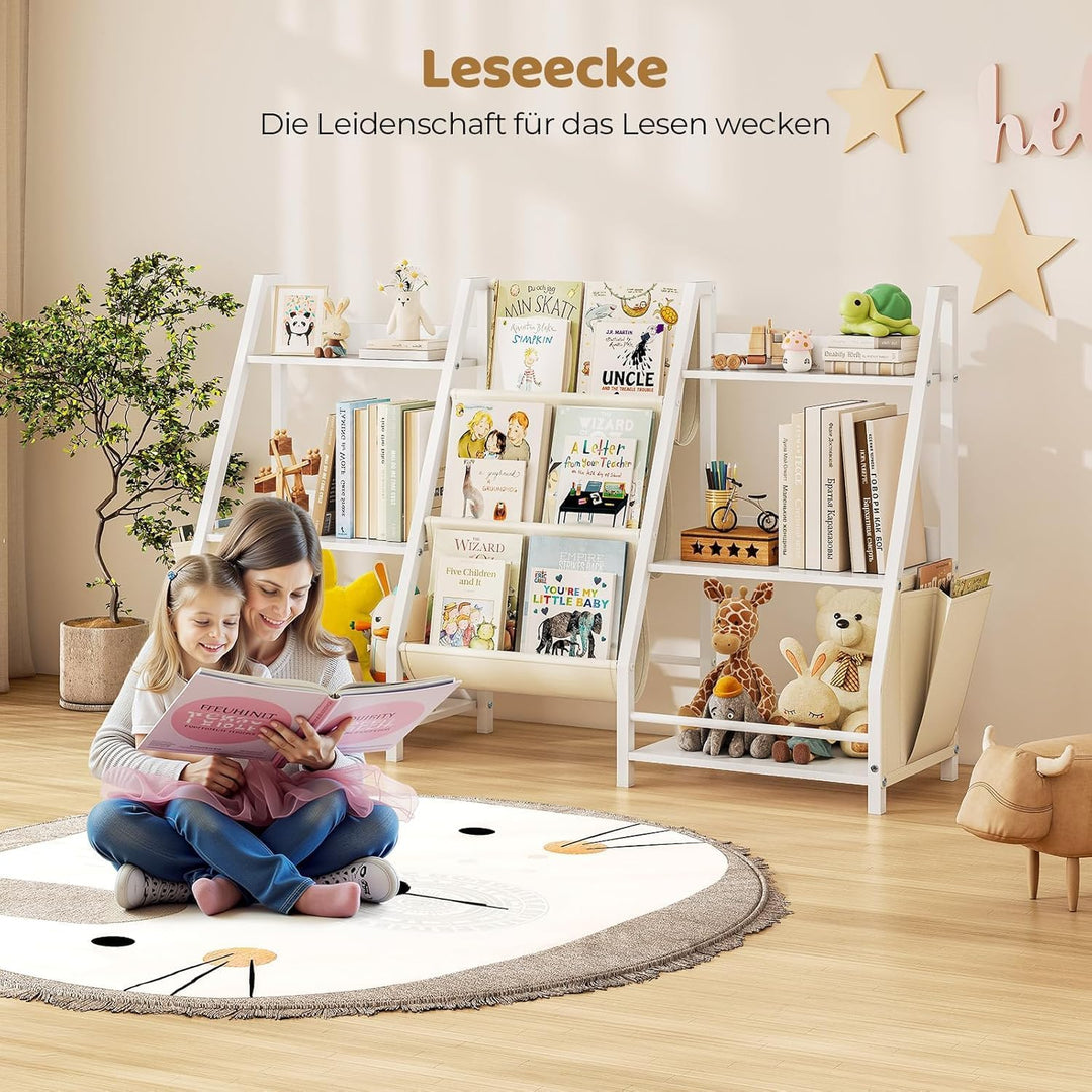 Kinder Bücherregal Mit 6 Fächern und 3 Ablagen | Spielzeugregal in Weiss | 127x72 cm Grosses Bücherr