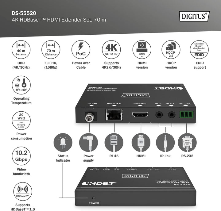 DIGITUS HDMI Extender - 4k/30Hz - Sender & Empfänger - HDBaseT 1.0 - HDMI 1.4b - Reichweite bis 70m
