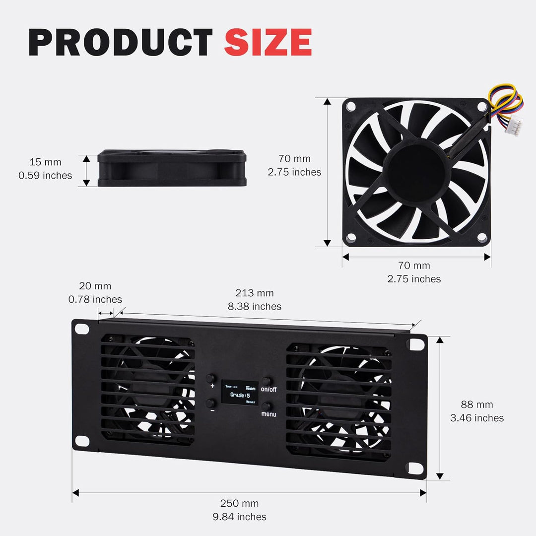 GeeekPi 10-Zoll 2U Rackmontage Dual-Fan-Kühlpanel mit OLED-Display & 2X 70-mm-Aktivlüfter für 10-Zol