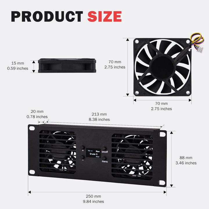 GeeekPi 10-Zoll 2U Rackmontage Dual-Fan-Kühlpanel mit OLED-Display & 2X 70-mm-Aktivlüfter für 10-Zol