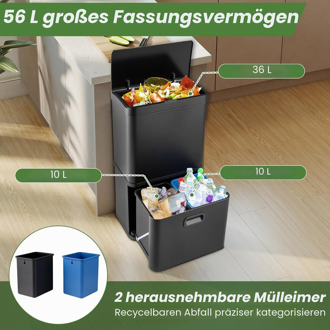 Giantex Mülleimer 3 Fächer, 56 L Abfalleimer Küche mit Sensor, Mülltrennsystem inkl. 2 ausnehmbaren