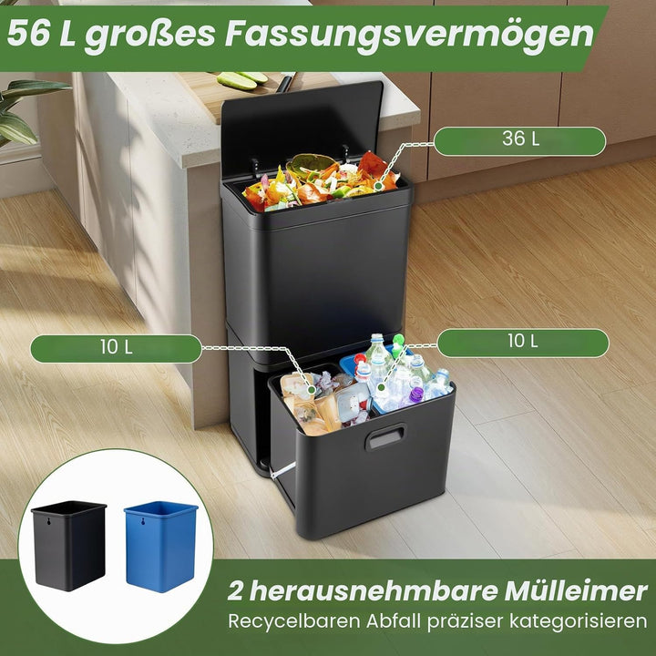 Giantex Mülleimer 3 Fächer, 56 L Abfalleimer Küche mit Sensor, Mülltrennsystem inkl. 2 ausnehmbaren
