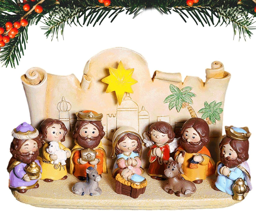 Weihnachtskrippe Set mit figuren, 10 Stück Jesus Krippe Figuren Statue, Krippenfiguren Harz, Weihnac