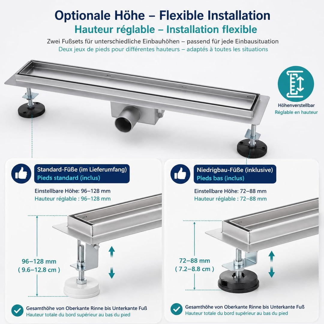 Duschrinne 40 cm Komplettset, Edelstahl 304 Ablaufrinne, Extra Flache befliesbare Duschrinne mit Haa