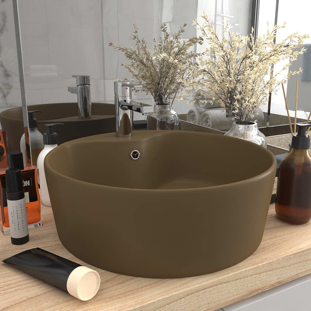 Luxus-Waschbecken mit üBerlauf Matt Creme 36x13 CM Keramik Waschbecken Waschtisch Aufsatzwaschbecken
