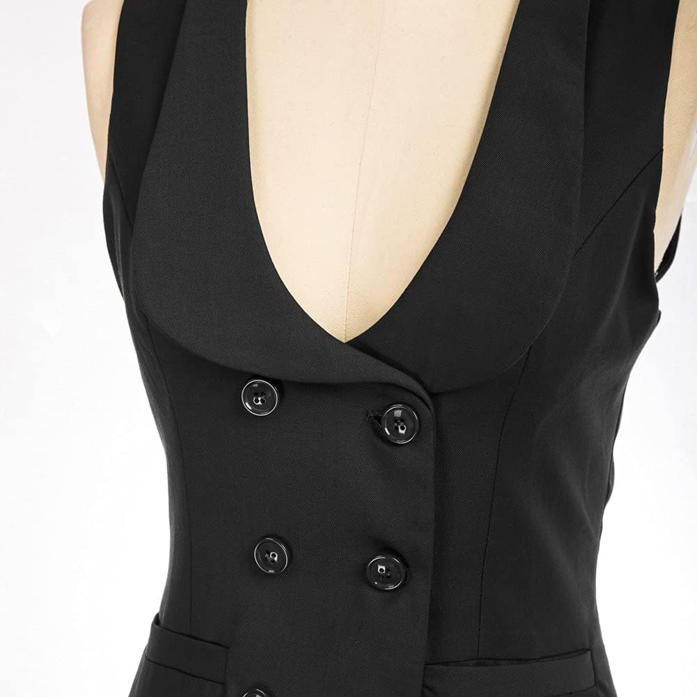 Belle Poque Damen Weste mit Gebogenes Revers V-Ausschnitt Karierte Weste mit Zwei Taschen Geometrisc