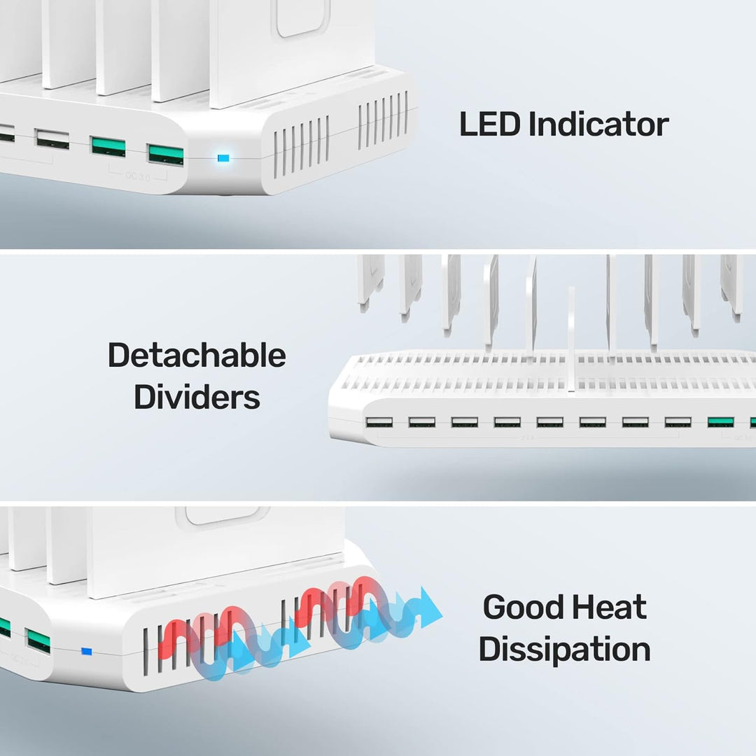 Unitek 96W 10 Ports USB Ladestation für mehrere Geräte mit 2*QC3.0 und Smart IC Organizer für Handys