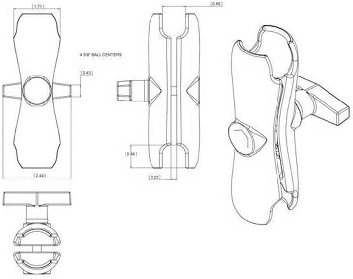 RAM MOUNTING RAM201U Kurzer Doppelsockelarm für 3,8 cm Kugelfüsse, Schwarz