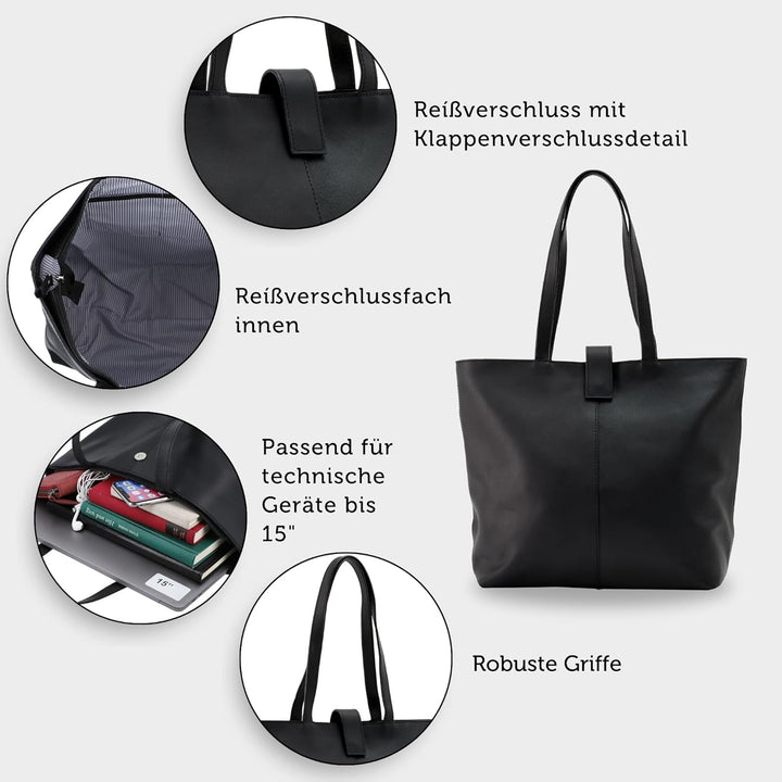 Gusti Shopper Leder - Alexandra Handtasche Damen Arbeitstasche Leder Schwarz, Schwarz