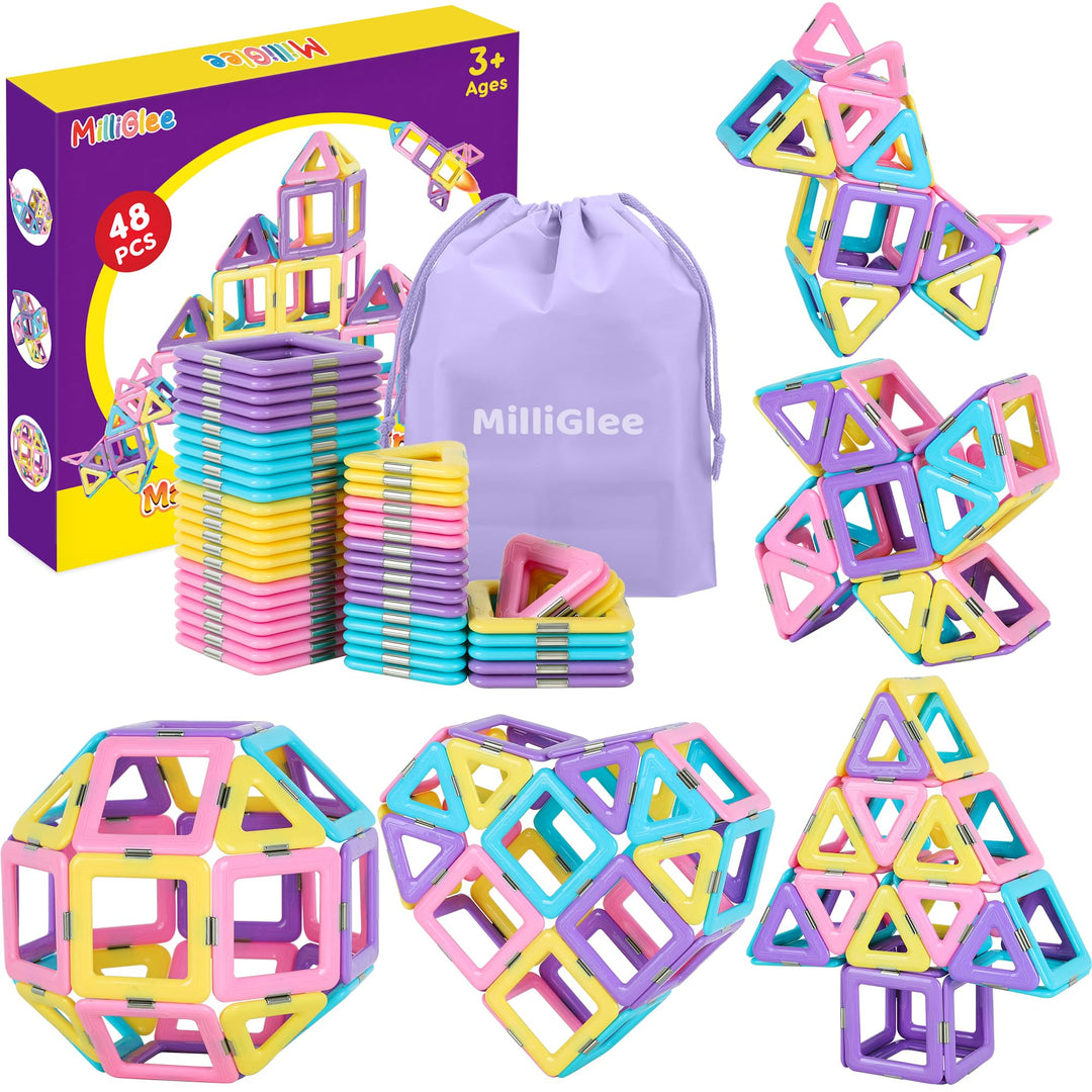 MilliGlee Magnetische Bausteine - 48 Teile Magnetbausteine Magnete Kinder mit Aufbewahrungstasche Ma
