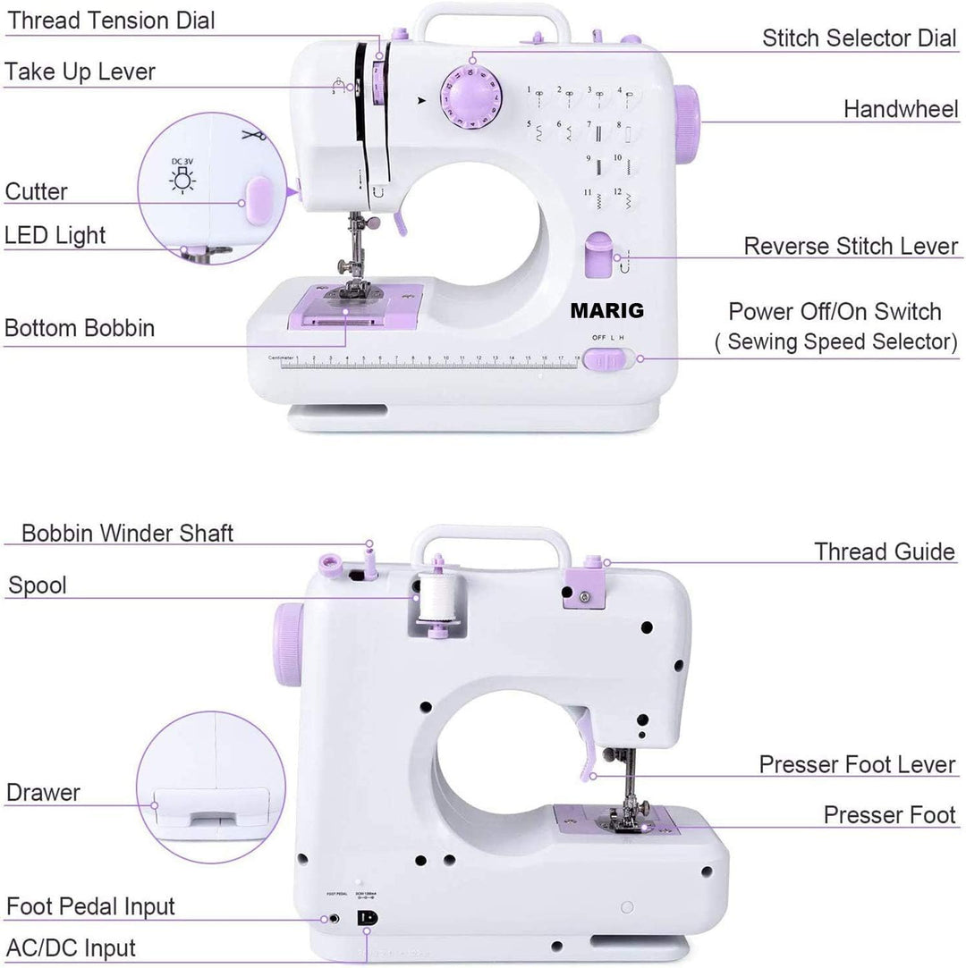 Nähmaschine für Einsteiger mit 2-fach Doppelfaden/Nähen mit 12 eingebauten Nähten/Mini Nähmaschine/H