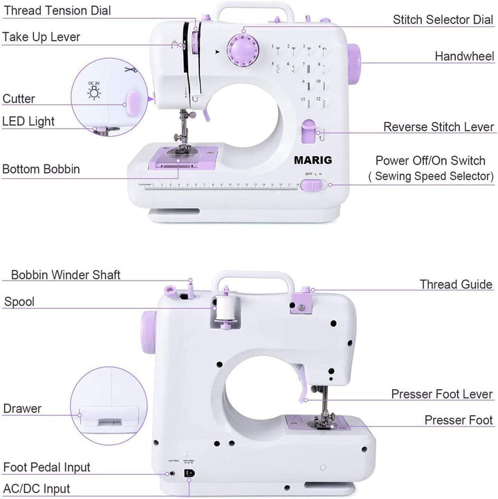 Nähmaschine für Einsteiger mit 2-fach Doppelfaden/Nähen mit 12 eingebauten Nähten/Mini Nähmaschine/H