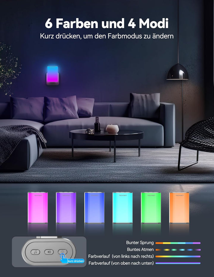 TECKNET Türklingel Batterielose, Steckdosen-Funkklingel mit EU-Steckdose und RGB Licht, IP65 Wasserd