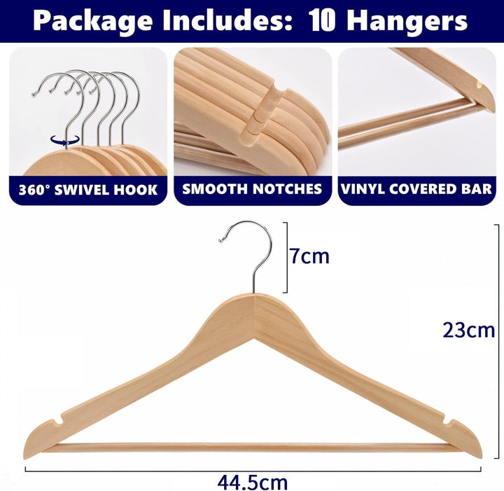 Amber Home 10 Stück 44,5cm Natürliche Kleiderbügel aus Holz mit Stange und Nut, Robust Aufhänger für