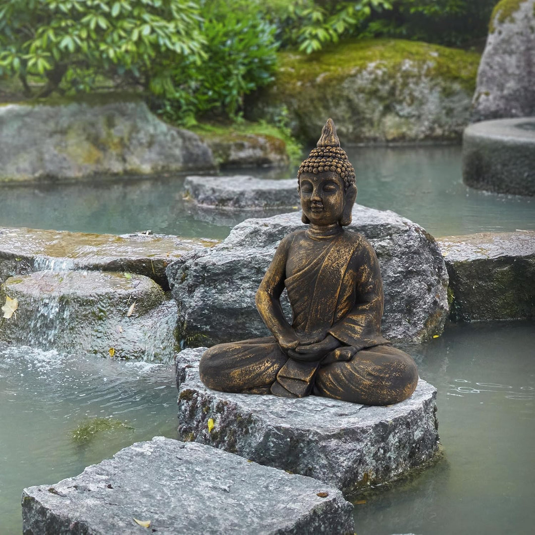 ECD Germany Buddha Figur sitzend, 48cm hoch, aus wetterfestem Polyresin, Bronze, Feng Shui, Buddha S