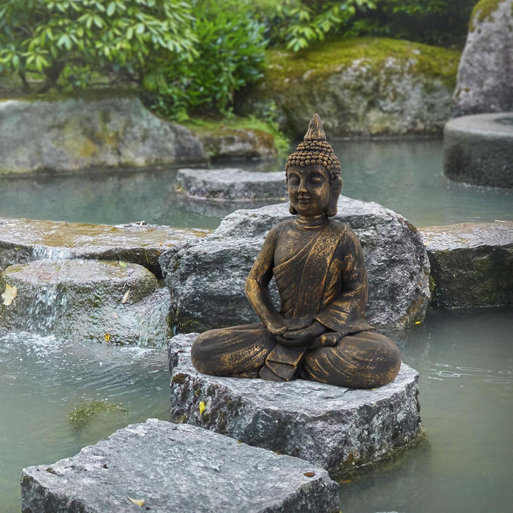 ECD Germany Buddha Figur sitzend, 48cm hoch, aus wetterfestem Polyresin, Bronze, Feng Shui, Buddha S