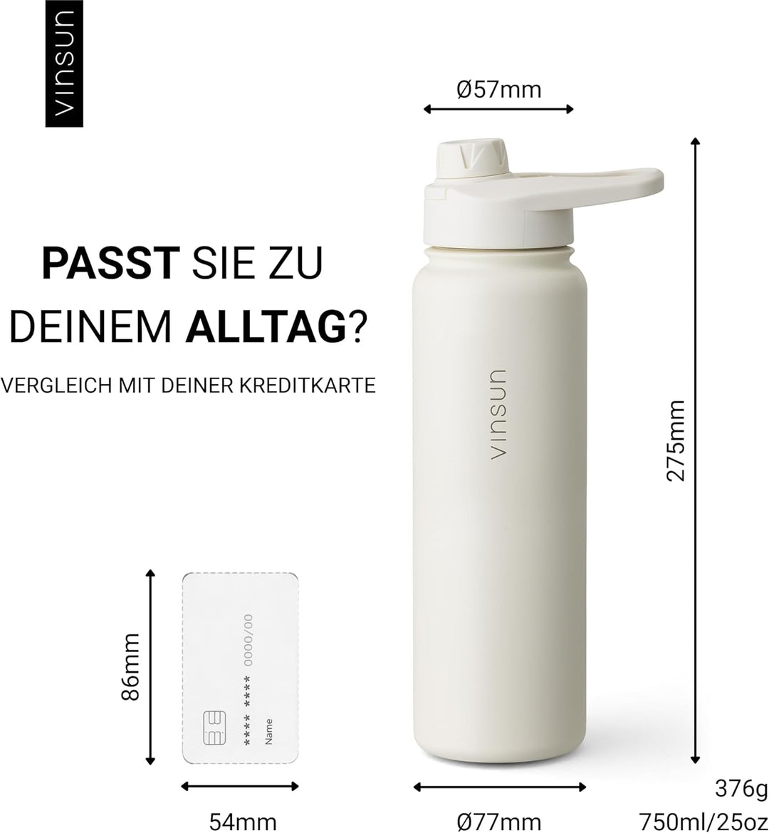 Vinsun Trinkflasche Edelstahl creme 750ml - auslaufsicher, Kohlensäure geeignet, BPA frei - Strohhal