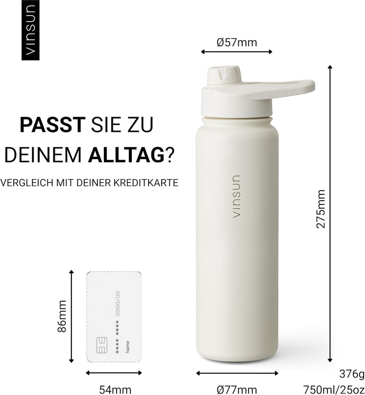 Vinsun Trinkflasche Edelstahl creme 750ml - auslaufsicher, Kohlensäure geeignet, BPA frei - Strohhal