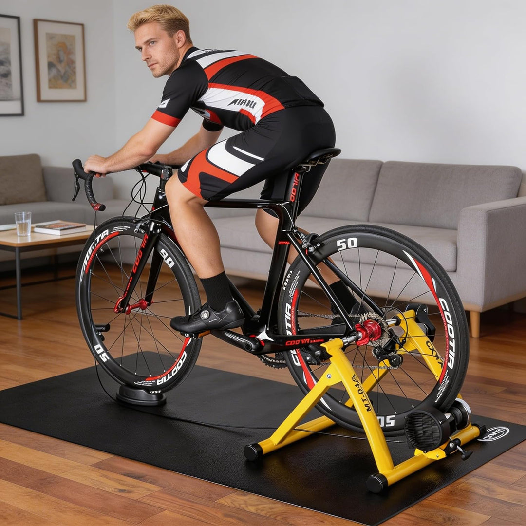 CXWXC Fahrrad Rollentrainer, Klappbar Stahl Bike Trainer mit Schnellspanner Vorderradunterlage Radtr