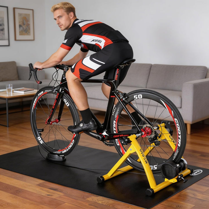 CXWXC Fahrrad Rollentrainer, Klappbar Stahl Bike Trainer mit Schnellspanner Vorderradunterlage Radtr