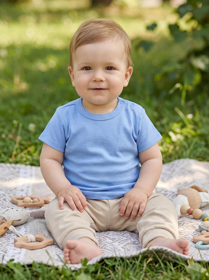 Baby Jungen Kurzarm T-Shirt mit Aufdruck Unifarben Sterne Streifen 5er Set, Baby Junge