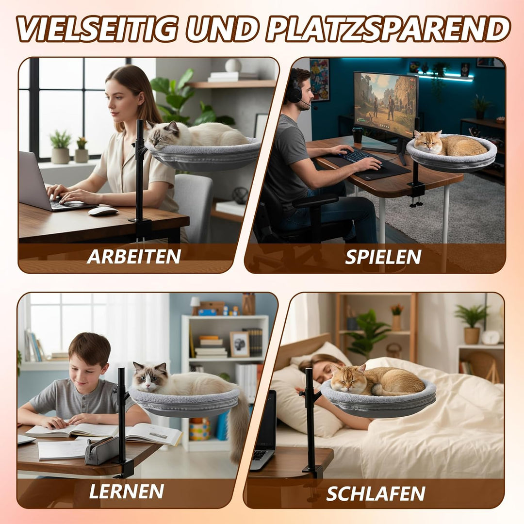 Katzenbett für Schreibtisch, 360° drehbar & Höhenverstellbar, Max 33lb, Katzenhängematte mit 2 wasch