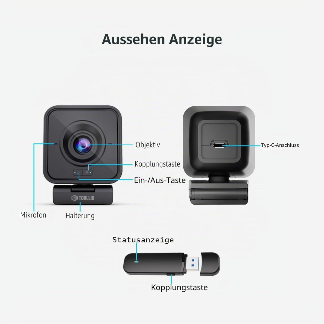 TOALLIN Kabellose Webcam für PC, 1080P Full HD Wireless Webcam, integriertes Mikrofon mit Geräuschun