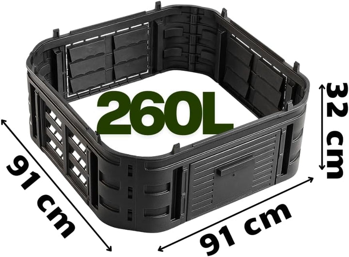 Komposter Garten 260L mit Deckel gross - Kompostbehälter mit Boden - Thermokomposter Kunststoff shwa