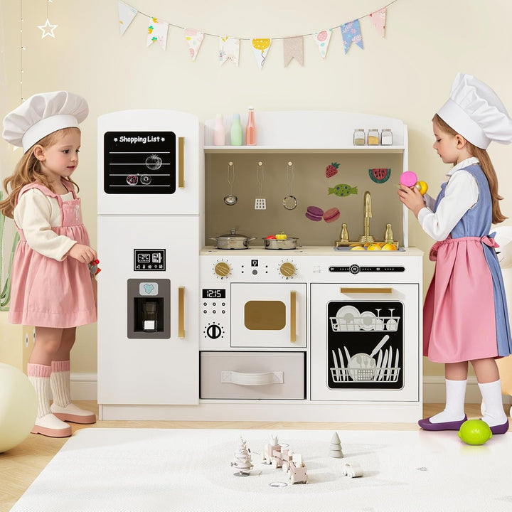HOMASIS Kinderküche Holz, Spielküche mit beleuchteter Mikrowelle Herd Ofen Spüle Eismaschine Tafel A