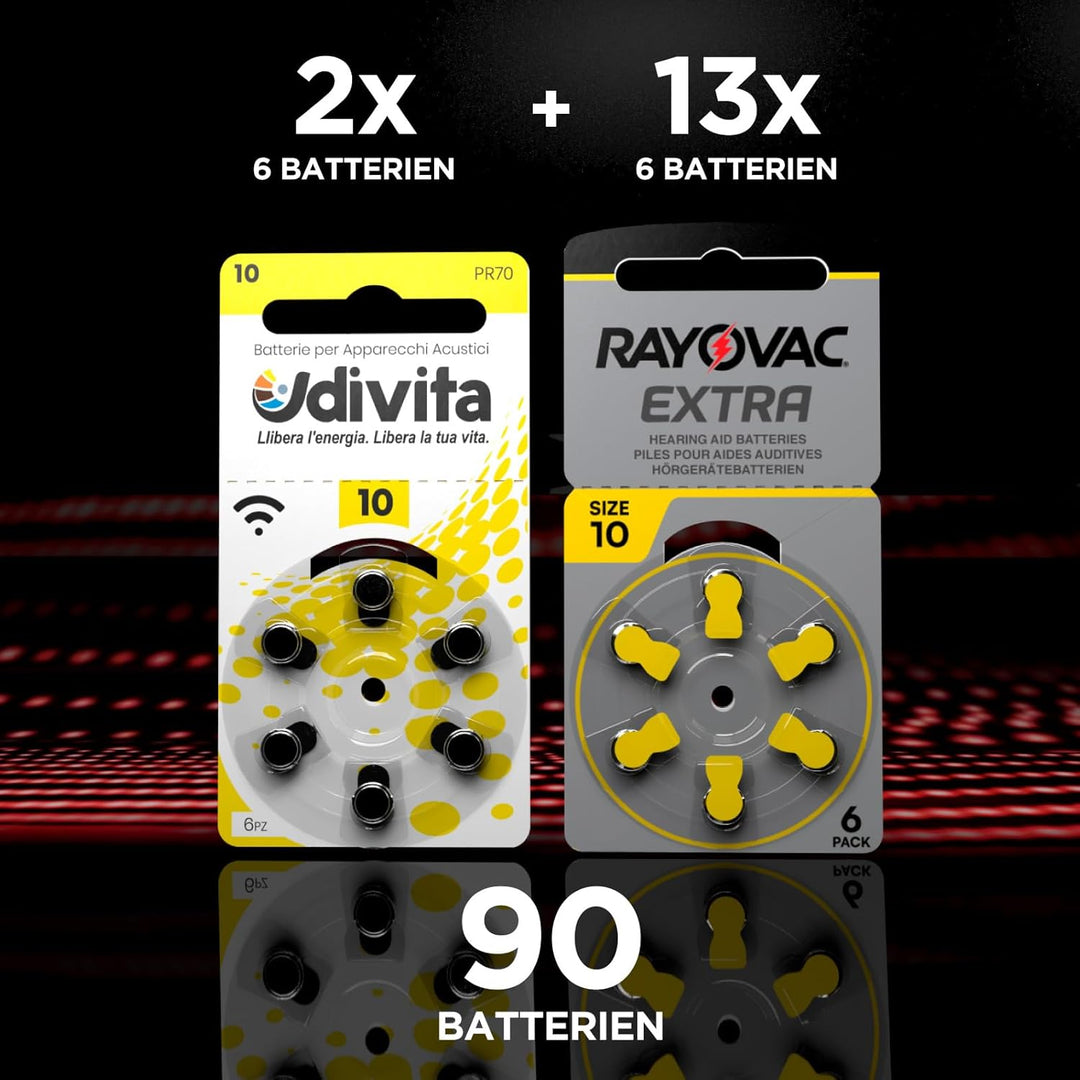 90 Batterien für Hörgeräte Rayovac Extra Advanced 10. 90 Batterien: 78 Rayovac + 12 Udivita