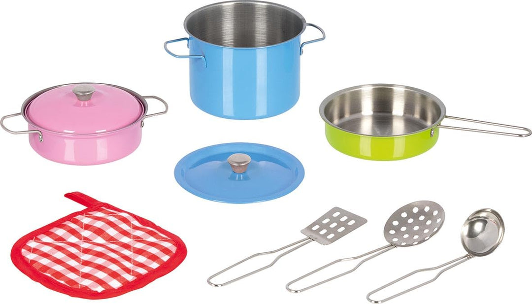 goki 51467 Kochset farbenfroh aus Metall, Hochwertiges Kochspielzeug für Kinder, Inkl. Töpfen, Decke