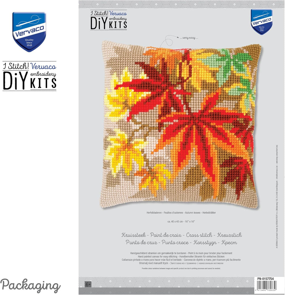 Vervaco PN-0157754 Kreuzstichkissen Herbstblätter Kreuzstichset, Baumwolle, mehrfarbig, 40 x 40 cm /