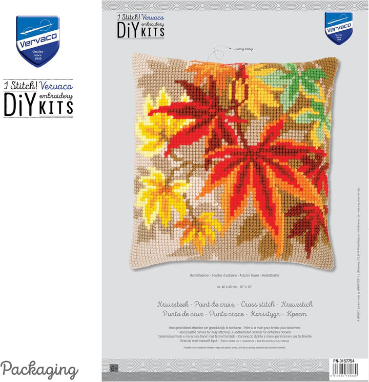 Vervaco PN-0157754 Kreuzstichkissen Herbstblätter Kreuzstichset, Baumwolle, mehrfarbig, 40 x 40 cm /
