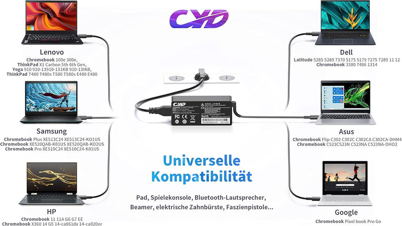 CYD 65W USB C Netzteil für Ladekabel Lenovo ThinkPad YT480 X1 Yoga 2nd 3rd 4th Gen X1 Tablet 2nd 3rd