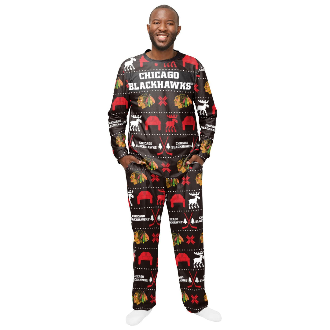 FOCO NHL Winter Xmas Pyjama Schlafanzug Longsleeve Hose Set L Chicago Blackhawks, L Chicago Blackhaw