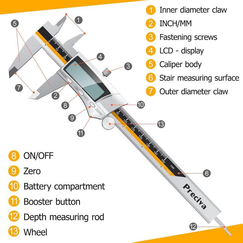 Digitaler Messschieber 150 mm, Preciva Profi-Messlehre Edelstahl, Messlehre, Messwerkzeuge, IP54 Spr