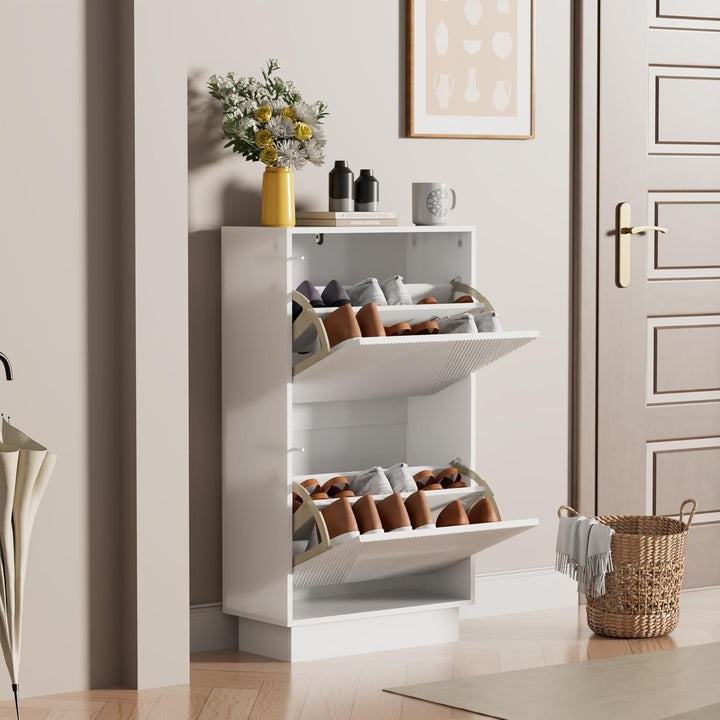 UEV Schuhschrank mit 2 Klappen, Schuhkipper Schuhkommode Schuhregal schmal für Flur mit Kippschutz/D